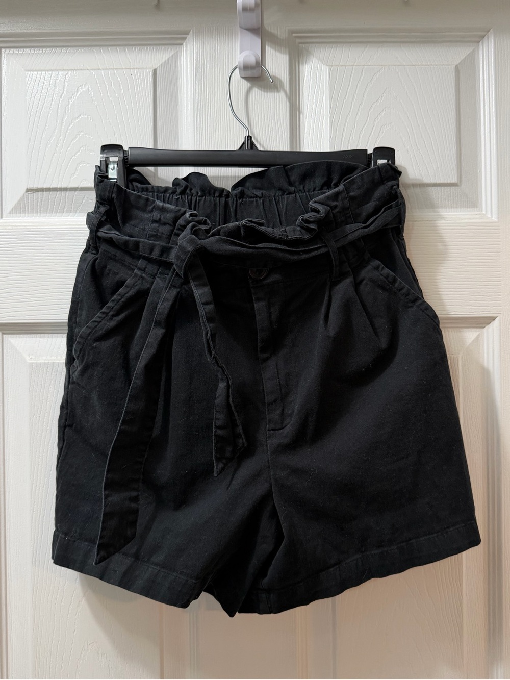 Thick Structured Cotton Black Paperbag Tie Waist Shorts